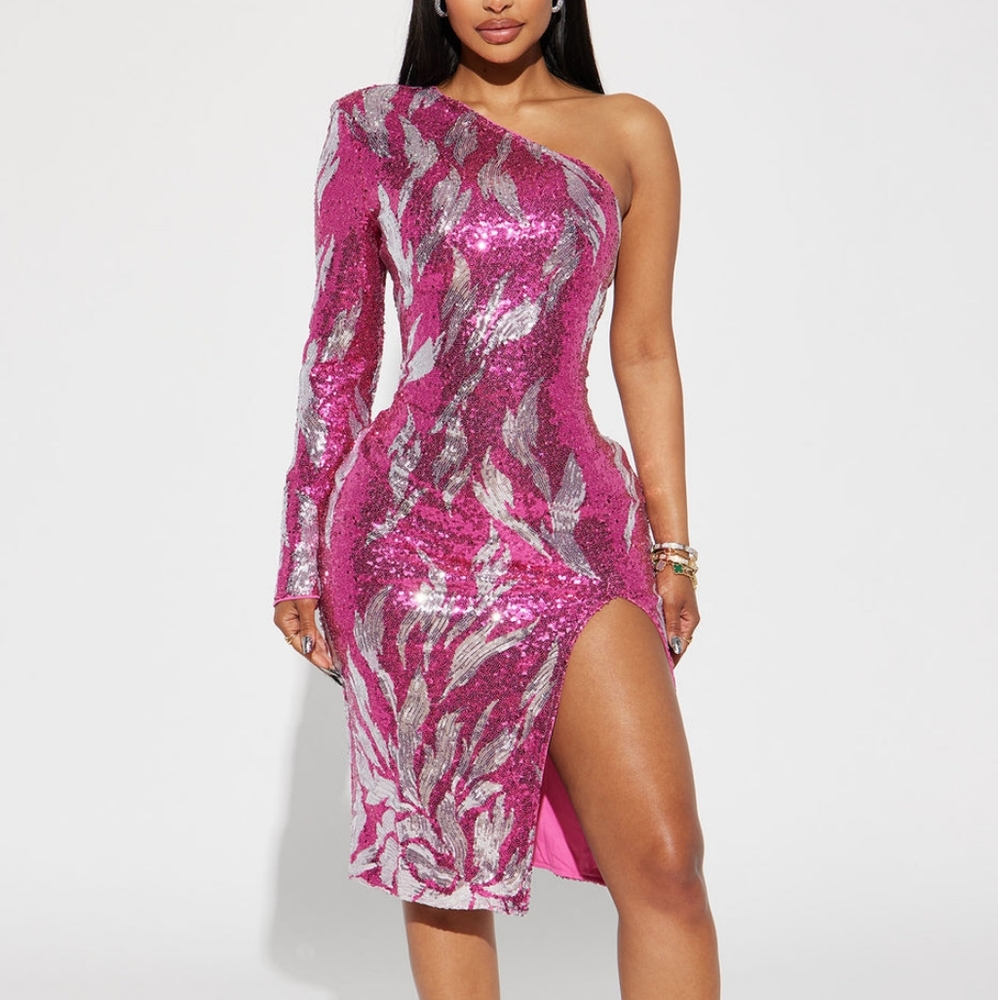 Fashion Nova Pink and Silver Sequin Dress Small